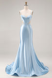 Sky Blue Mermaid Cut Out Corset Long Satin Prom Dress with Beading