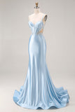 Sky Blue Mermaid Cut Out Corset Long Satin Prom Dress with Beading