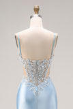 Sky Blue Mermaid Cut Out Corset Long Satin Prom Dress with Beading