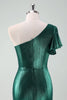 Load image into Gallery viewer, Dark Green Metallic One Shoulder Mermaid Graduation Dress with Ruffles