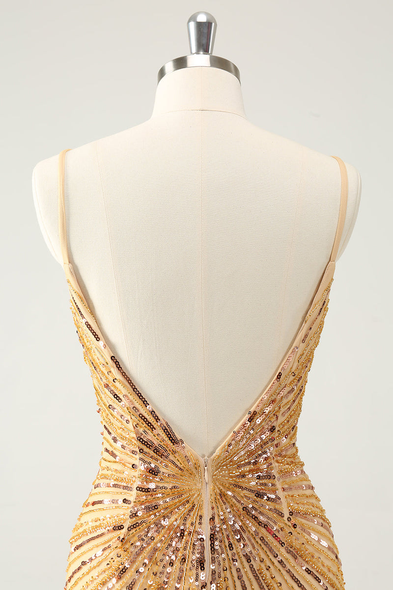 Load image into Gallery viewer, Golden Bodycon Spaghetti Straps Graduation Dress with Sequins