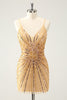 Load image into Gallery viewer, Golden Bodycon Spaghetti Straps Graduation Dress with Sequins