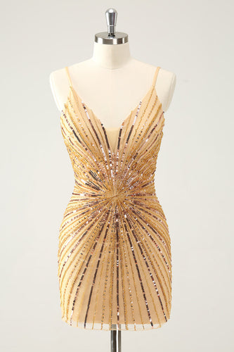 Golden Bodycon Spaghetti Straps Graduation Dress with Sequins