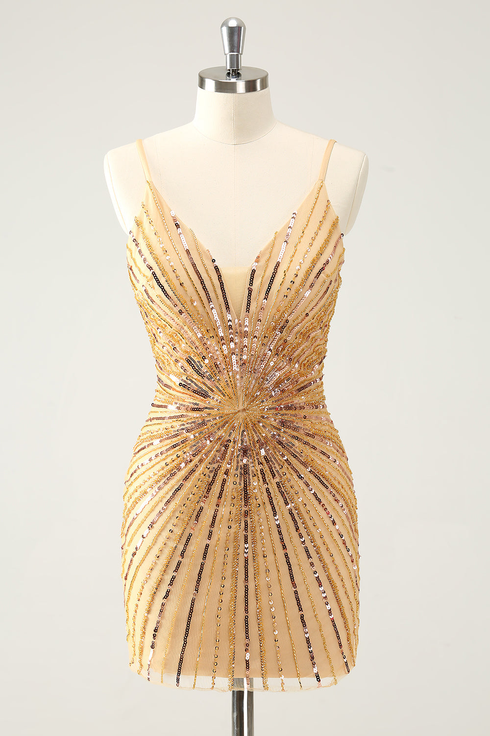 Golden Bodycon Spaghetti Straps Graduation Dress with Sequins