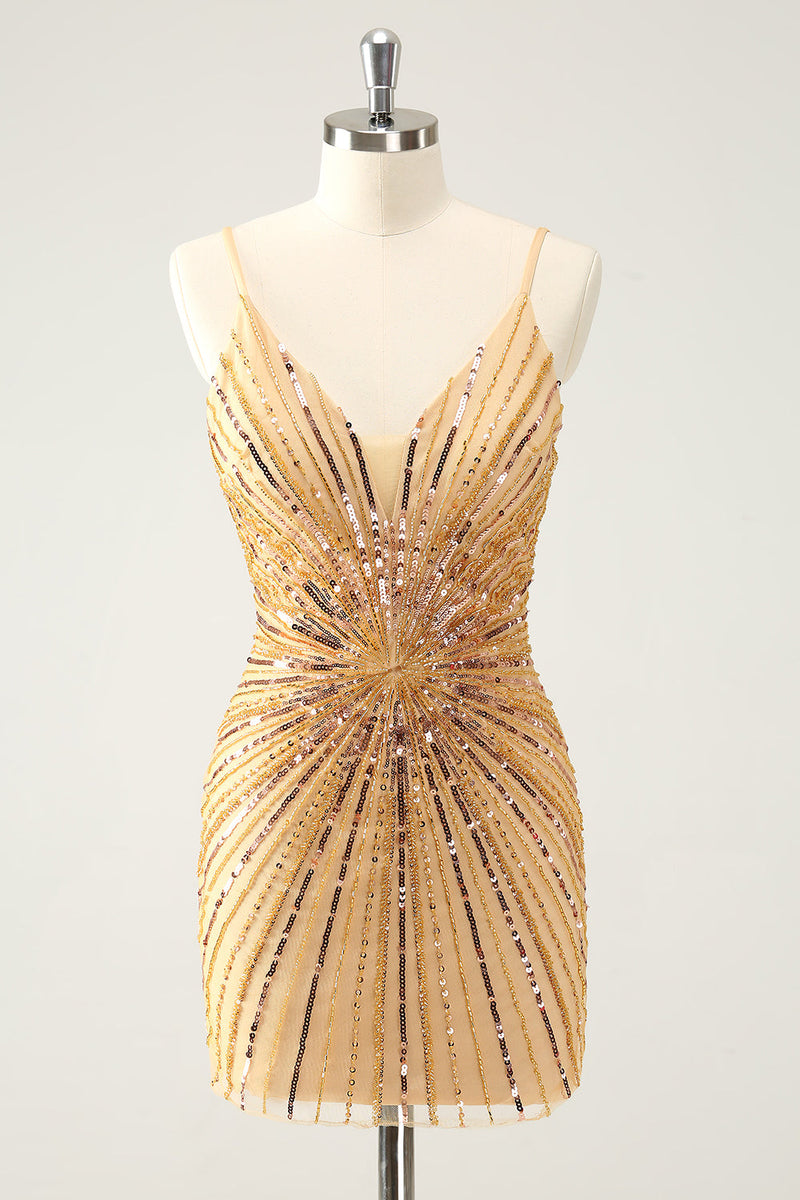 Load image into Gallery viewer, Sparkly Golden Tight Spaghetti Straps Backless Graduation Dress with Sequins