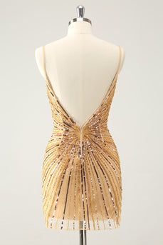 Golden Bodycon Spaghetti Straps Graduation Dress with Sequins