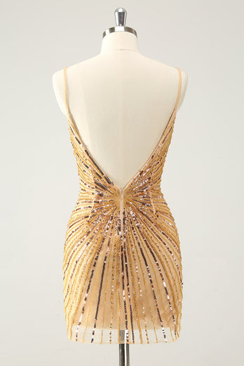 Golden Bodycon Spaghetti Straps Graduation Dress with Sequins