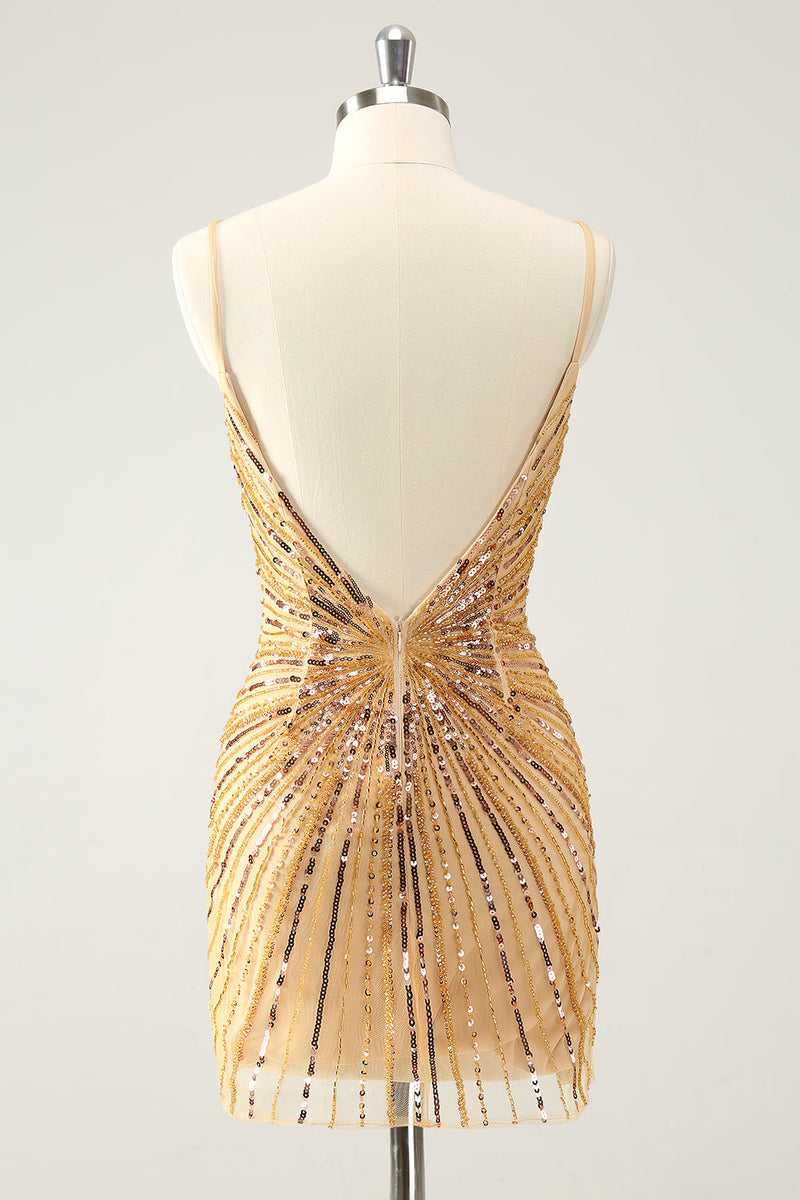 Load image into Gallery viewer, Golden Bodycon Spaghetti Straps Graduation Dress with Sequins