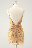 Sparkly Golden Tight Spaghetti Straps Backless Graduation Dress with Sequins
