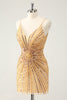 Load image into Gallery viewer, Golden Bodycon Spaghetti Straps Graduation Dress with Sequins