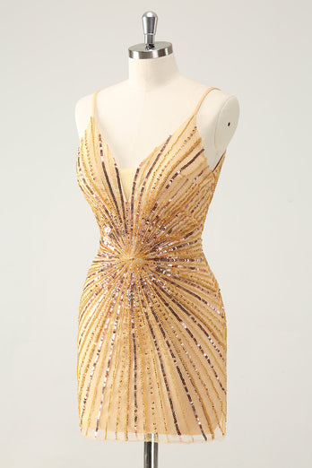 Golden Bodycon Spaghetti Straps Graduation Dress with Sequins