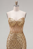 Sparkly Golden Sheer Corset Strapless Bodycon Cocktail Dress with Sequins
