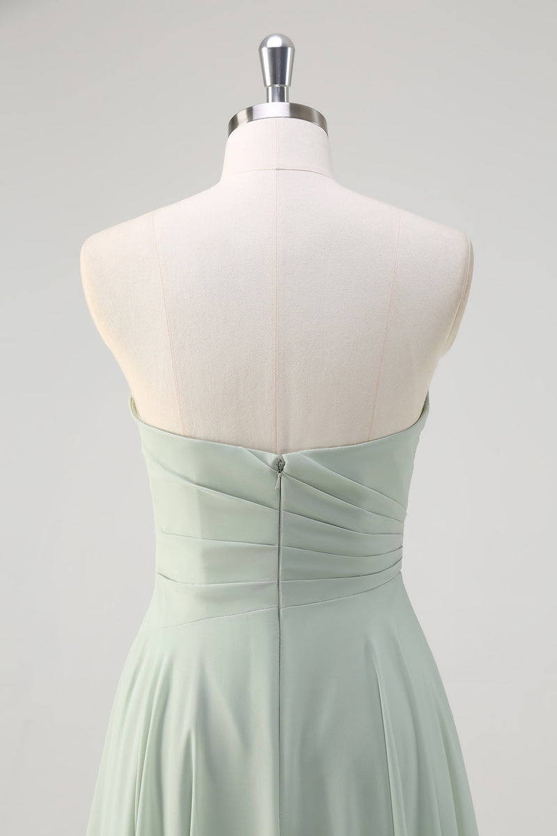Load image into Gallery viewer, Matcha A Line Strapless Ruched Chiffon Long Bridesmaid Dress