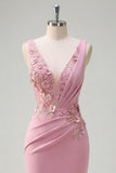 Mermaid Taro Ruched V-Neck Long Prom Dress with 3D Flowers