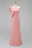 Blush Pink One Shoulder Mermaid Long Bridesmaid Dress with Bow