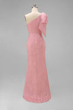 Blush Pink One Shoulder Mermaid Long Bridesmaid Dress with Bow