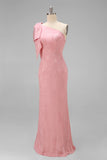 Blush Pink One Shoulder Mermaid Long Bridesmaid Dress with Bow