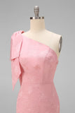 Blush Pink One Shoulder Mermaid Long Bridesmaid Dress with Bow