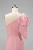Blush Pink One Shoulder Mermaid Long Bridesmaid Dress with Bow