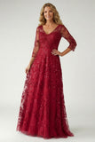 Sparkly Burgundy Lace V Neck A Line Mother of the Bride Dress with Sleeve