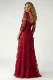 Sparkly Burgundy Lace V Neck A Line Mother of the Bride Dress with Sleeve