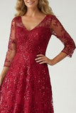 Sparkly Burgundy Lace V Neck A Line Mother of the Bride Dress with Sleeve