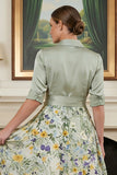 Sage Green Printed A Line Mother of the Bride Dress with Sleeve