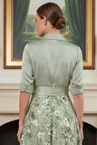 Printed Sage Green A Line Mother of the Bride Dress with Bow