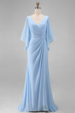 Sky Blue Chiffon A Line V Neck Ruched Mother of the Bride Dress with Sleeve