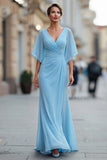 Sky Blue Chiffon A Line V Neck Ruched Mother of the Bride Dress with Sleeve
