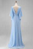 Sky Blue Chiffon A Line V Neck Ruched Mother of the Bride Dress with Sleeve
