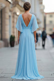 Sky Blue Chiffon A Line V Neck Ruched Mother of the Bride Dress with Sleeve