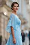 Sky Blue Chiffon A Line V Neck Ruched Mother of the Bride Dress with Sleeve