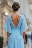 Sky Blue Chiffon A Line V Neck Ruched Mother of the Bride Dress with Sleeve