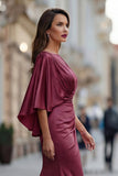 Burgundy Chiffon Mermaid Ruched Mother of the Bride Dress with Sleeve