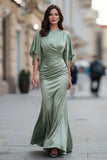 Sage Green Satin Ruched Mother of the Bride Dress with Half Sleeve