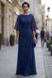 Chiffon Navy Ruched A Line Mother of the Bride Dress with Half Sleeve