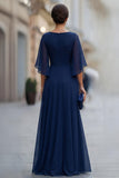 Chiffon Navy Ruched A Line Mother of the Bride Dress with Half Sleeve