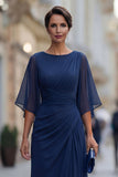 Chiffon Navy Ruched A Line Mother of the Bride Dress with Half Sleeve