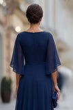 Chiffon Navy Ruched A Line Mother of the Bride Dress with Half Sleeve