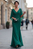 Chiffon Dark Green Ruched V Neck Mermaid Mother of the Bride Dress with Sleeve