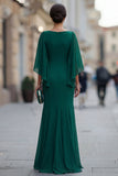 Chiffon Dark Green Ruched V Neck Mermaid Mother of the Bride Dress with Sleeve