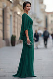 Chiffon Dark Green Ruched V Neck Mermaid Mother of the Bride Dress with Sleeve