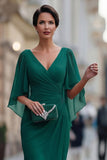 Chiffon Dark Green Ruched V Neck Mermaid Mother of the Bride Dress with Sleeve