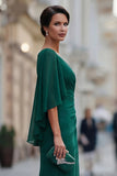 Chiffon Dark Green Ruched V Neck Mermaid Mother of the Bride Dress with Sleeve