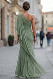 Sage Green One Shoulder Chiffon Ruched Mermaid Mother of the Bride Dress with Sleeve