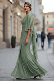 Sage Green One Shoulder Chiffon Ruched Mermaid Mother of the Bride Dress with Sleeve