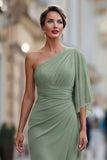 Sage Green One Shoulder Chiffon Ruched Mermaid Mother of the Bride Dress with Sleeve