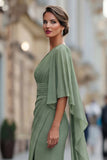 Sage Green One Shoulder Chiffon Ruched Mermaid Mother of the Bride Dress with Sleeve