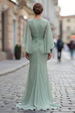 Sage Green Chiffon Mermaid Ruched Mother of the Bride Dress with Sleeve